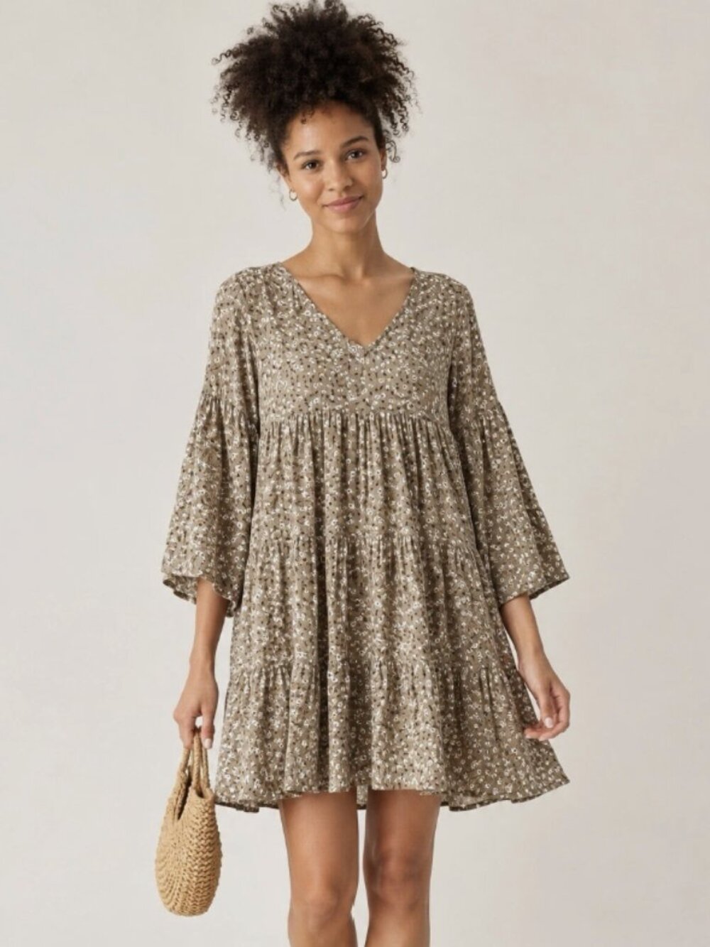Natural Life L/XL Charlotte Mini Dress  Ditsy Floral Tiered Bohemian Cottagecore